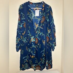SR Fashion Blue Floral Country Long Sleeve Sheer Women’s Dress Large Lace  New W